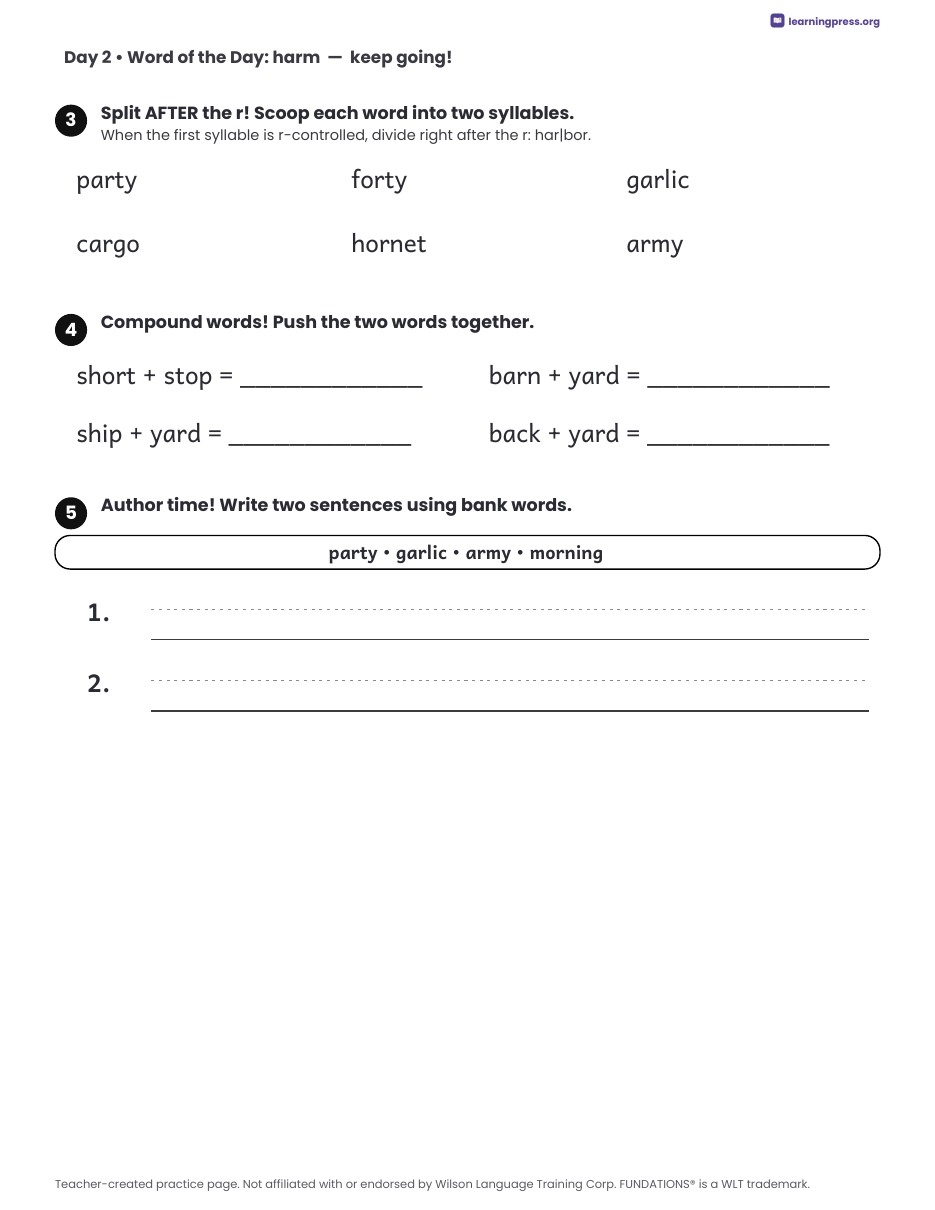 Preview page 2 of Fundations Level 2 Unit 8 Daily Lesson Work Pages