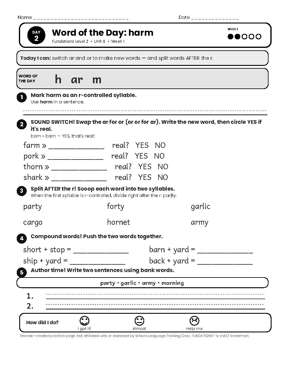Preview page 3 of Fundations Level 2 Unit 8 Practice Pack