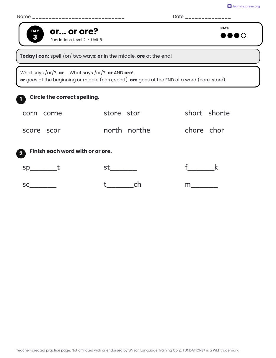 Preview page 3 of Fundations Level 2 Unit 8 Daily Lesson Work Pages