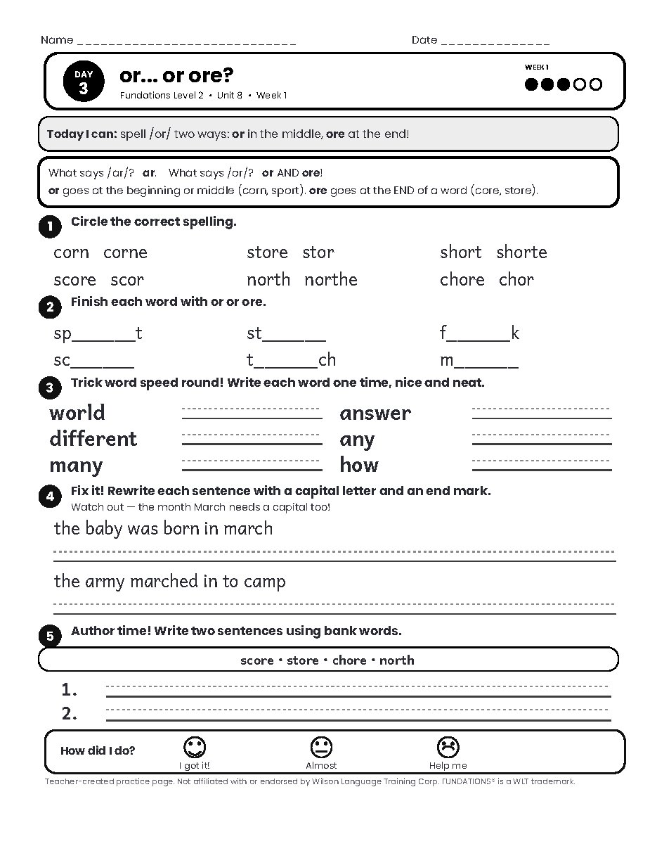 Preview page 4 of Fundations Level 2 Unit 8 Practice Pack