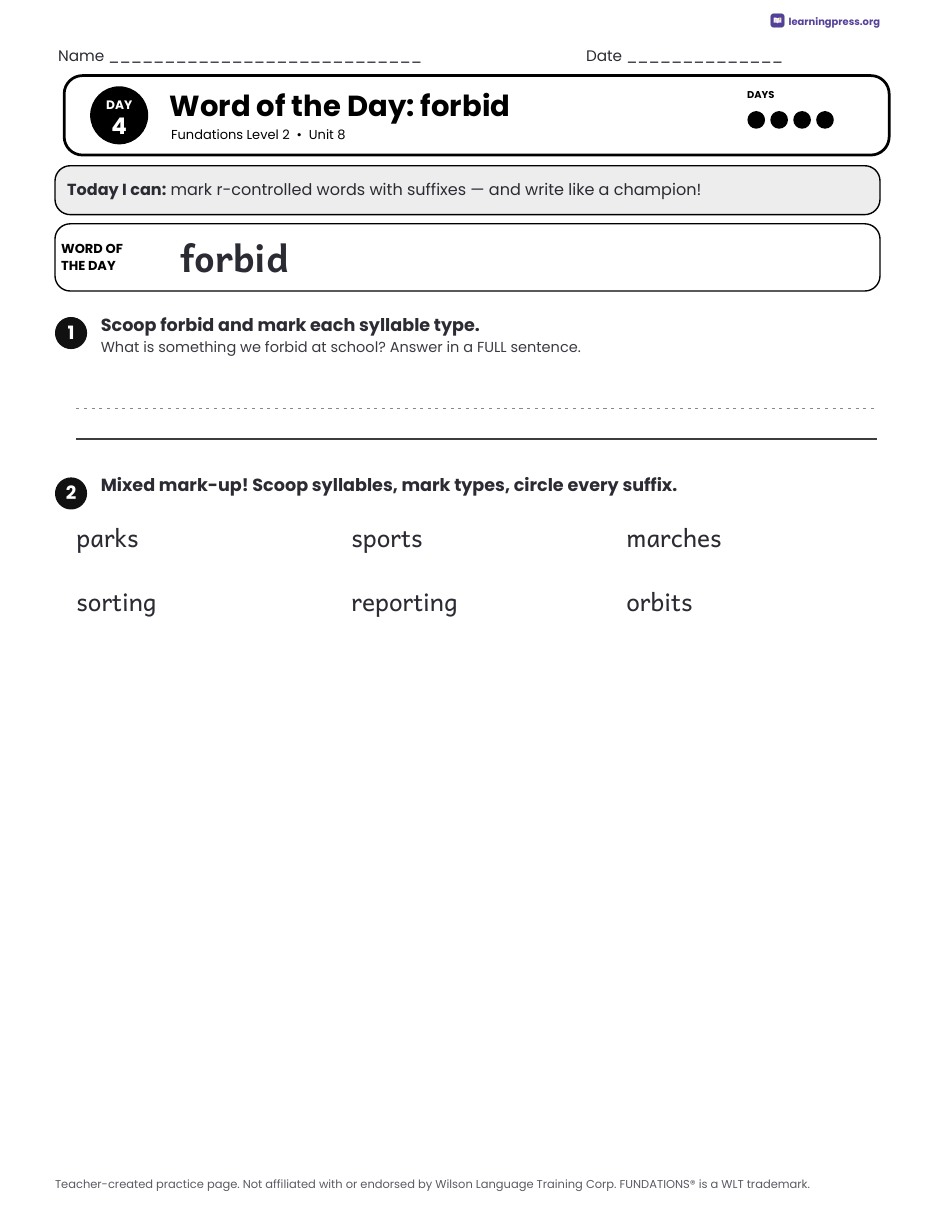 Preview page 4 of Fundations Level 2 Unit 8 Daily Lesson Work Pages