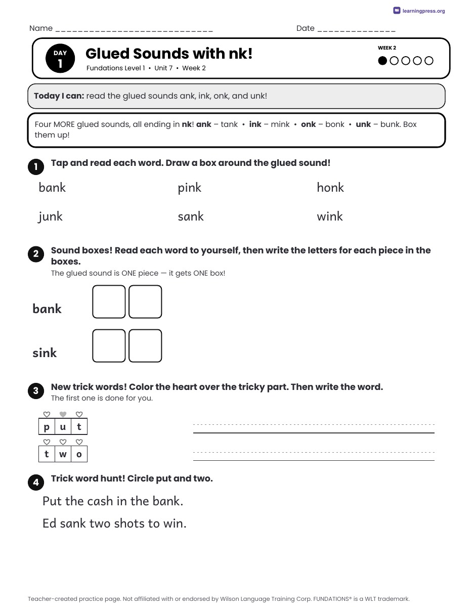 Preview page 2 of Fundations Level 1 Unit 7 Daily Lesson Work Pages
