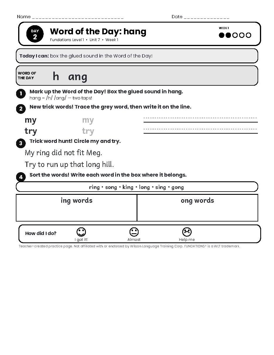 Preview page 3 of Fundations Level 1 Unit 7 Practice Pack