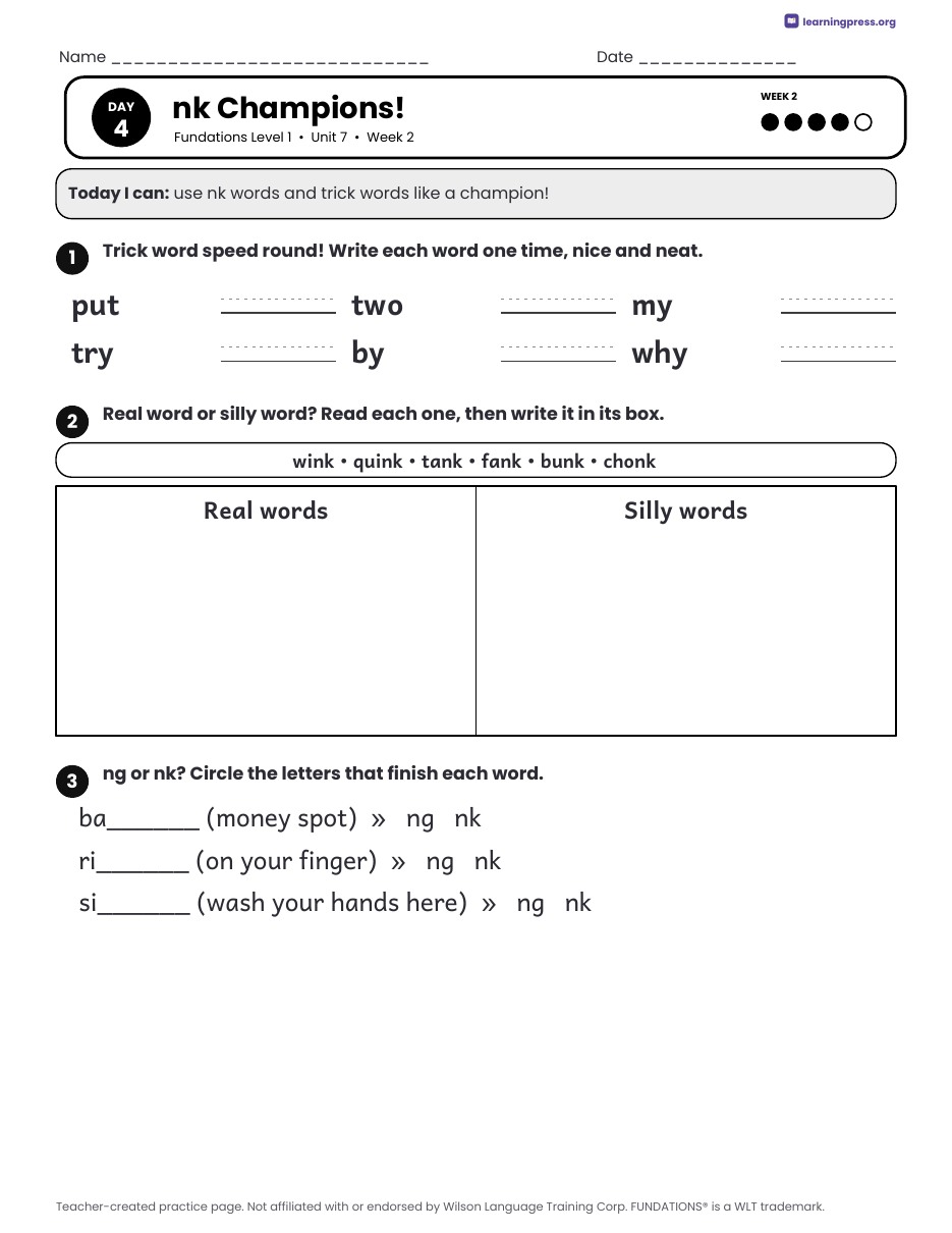 Preview page 3 of Fundations Level 1 Unit 7 Daily Lesson Work Pages
