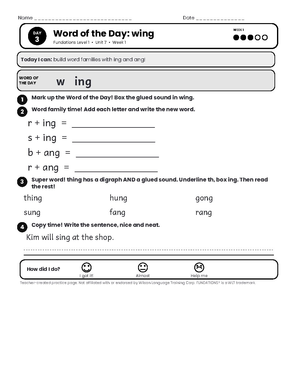 Preview page 4 of Fundations Level 1 Unit 7 Practice Pack
