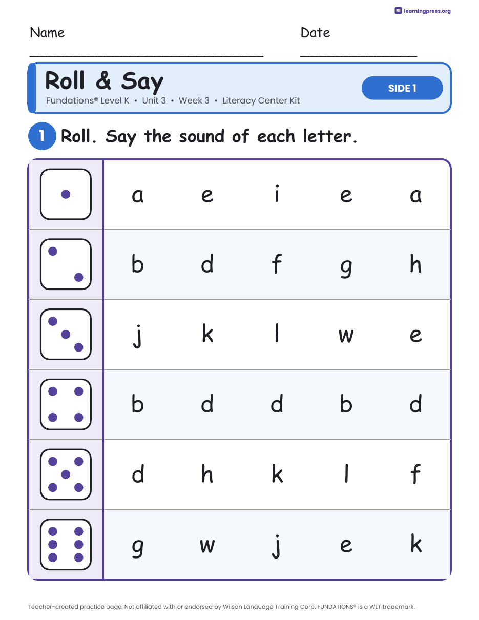 Preview page 1 of Fundations Level K Unit 3 Week 3 Literacy Center Kit