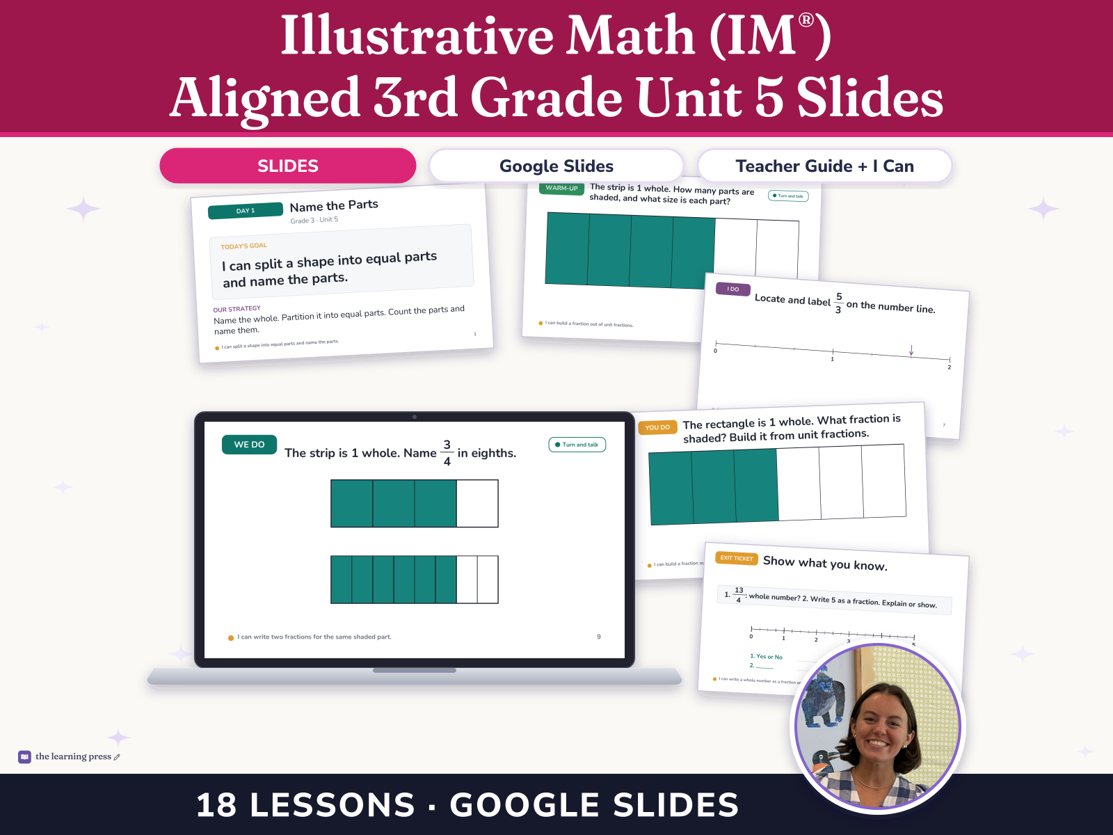 Preview page 1 of Illustrative Math (IM®) Aligned 3rd Grade Unit 5 Slides: Fractions as Numbers