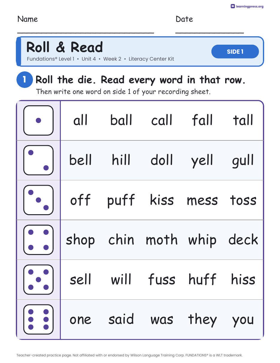 Preview page 1 of Fundations Level 1 Unit 4 Week 2 Literacy Center Kit