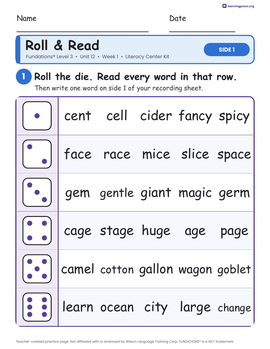 Preview page 1 of Fundations Level 3 Unit 12 Week 1 Literacy Center Kit