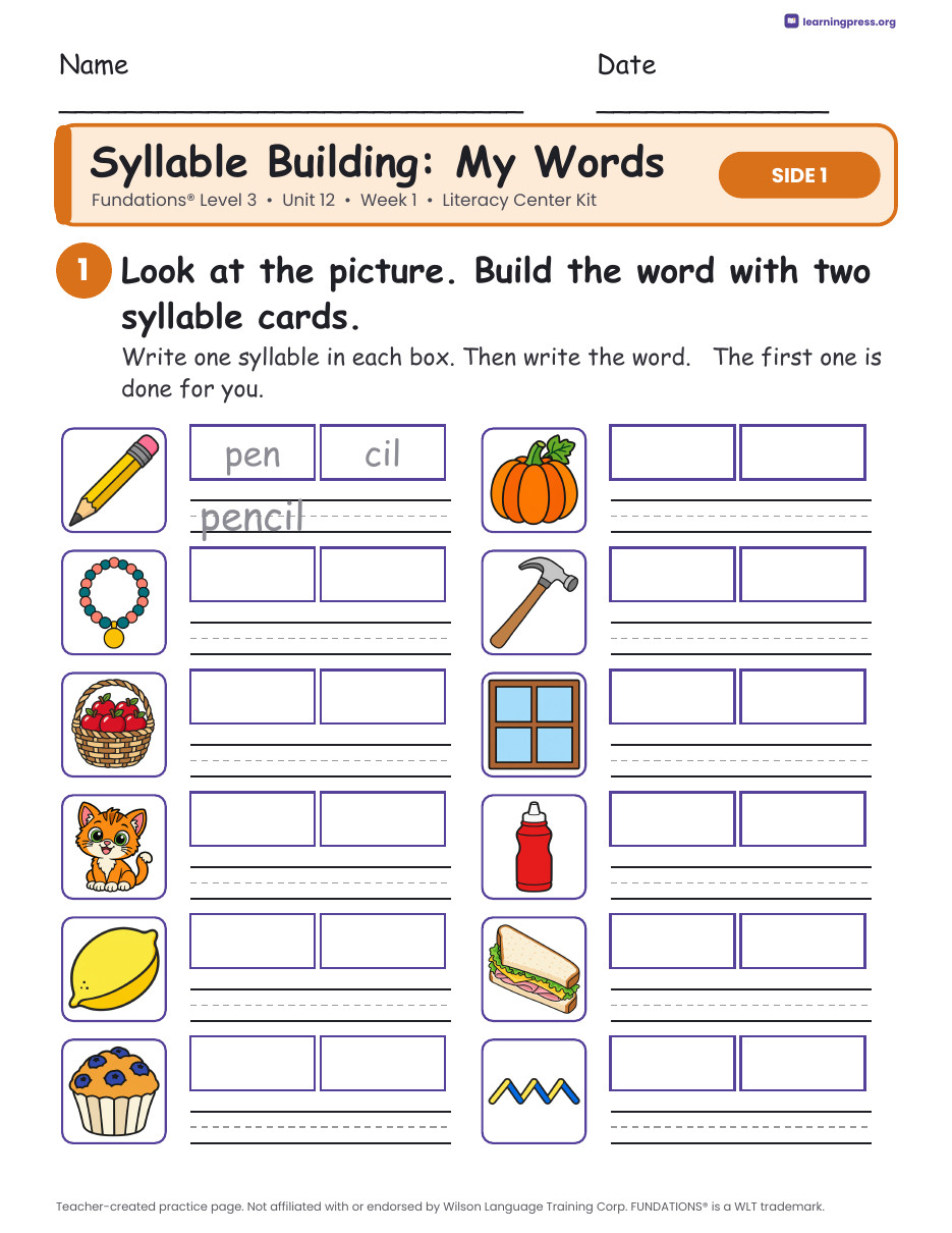Preview page 2 of Fundations Level 3 Unit 12 Week 1 Literacy Center Kit