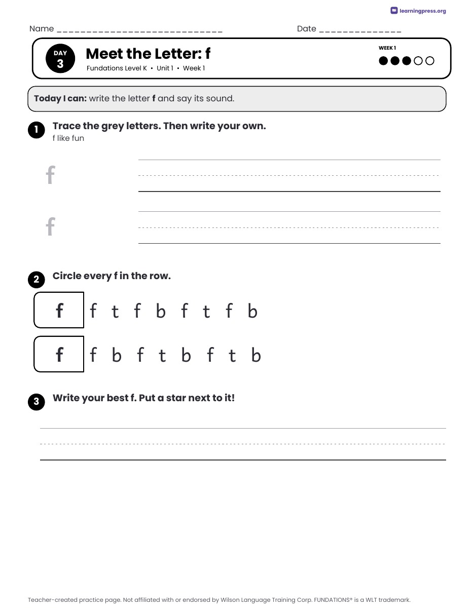 Preview page 3 of Free Fundations Level K Unit 1 Daily Lesson Work Pages Sample