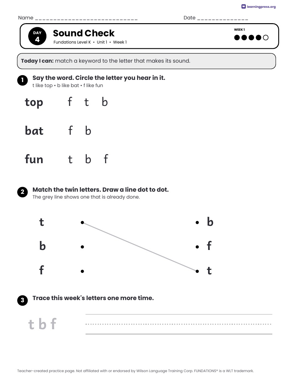 Preview page 4 of Free Fundations Level K Unit 1 Daily Lesson Work Pages Sample