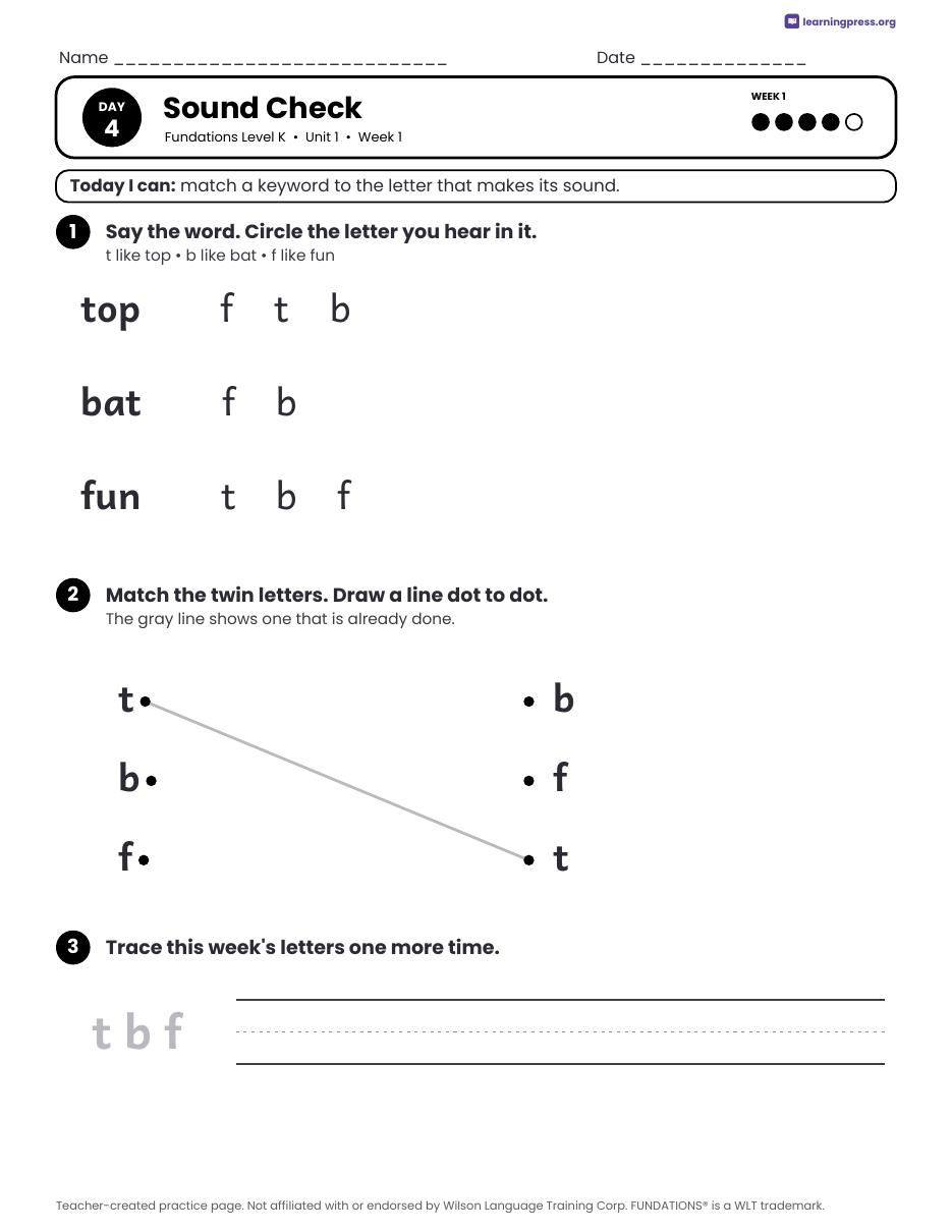 Preview page 4 of Free Fundations Level K Unit 1 Daily Lesson Work Pages Sample