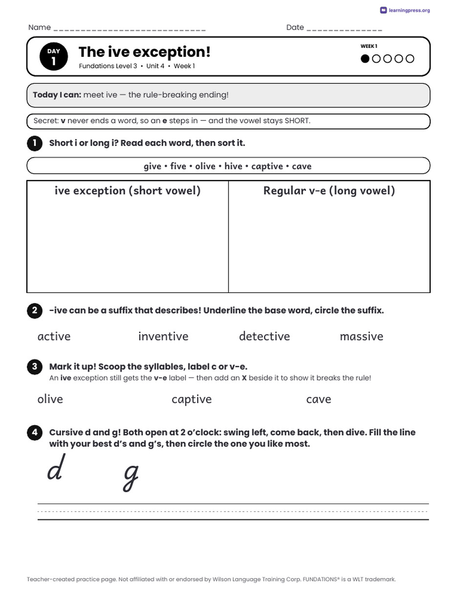 Preview page 1 of Fundations Level 3 Unit 4 Daily Lesson Work Pages