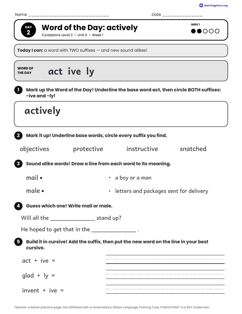Preview page 2 of Fundations Level 3 Unit 4 Daily Lesson Work Pages