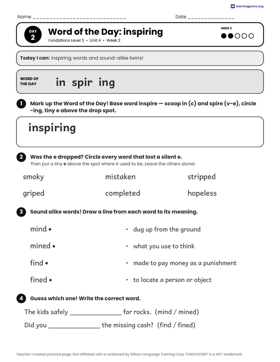 Preview page 3 of Fundations Level 3 Unit 4 Daily Lesson Work Pages