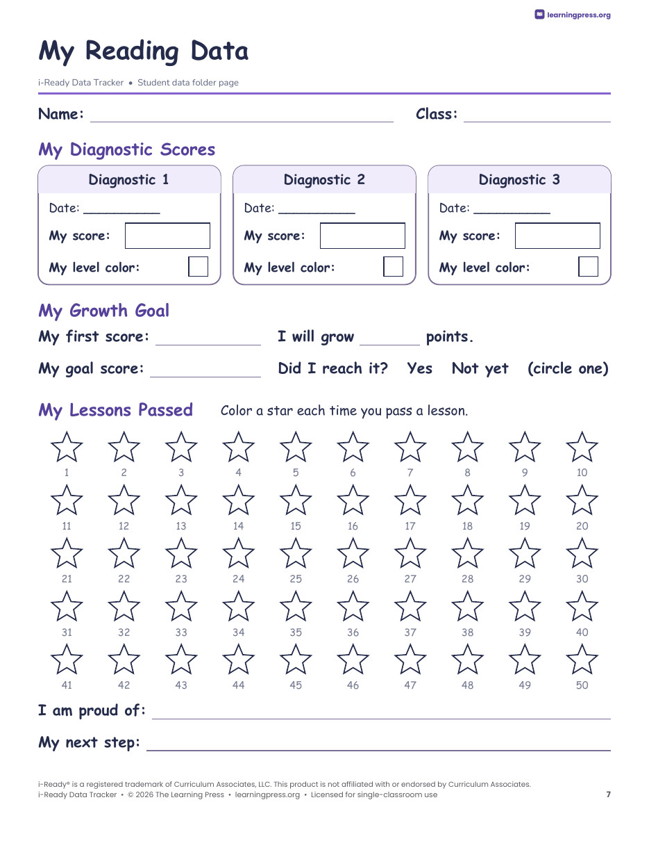 Preview page 3 of i-Ready Data Tracker · Diagnostic Growth, Lessons Passed, Data Folders