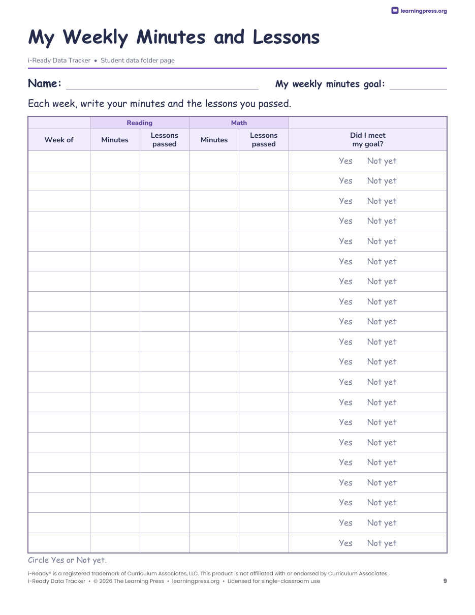 Preview page 4 of i-Ready Data Tracker · Diagnostic Growth, Lessons Passed, Data Folders
