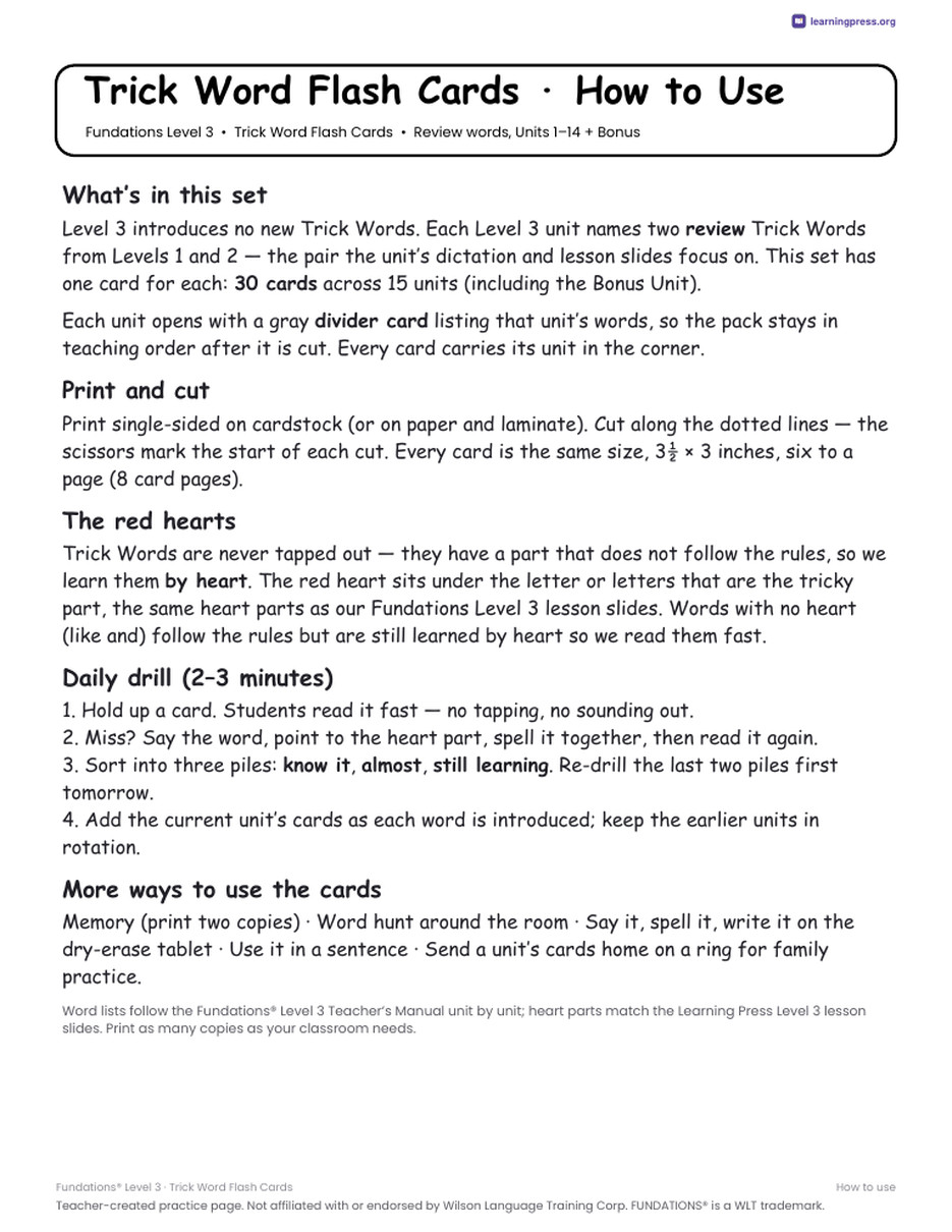 Preview page 2 of Fundations Level 3 — Trick Word Flash Cards