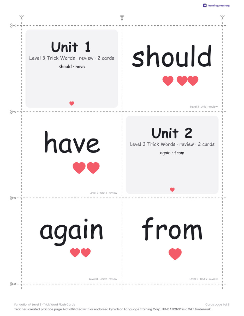 Preview page 3 of Fundations Level 3 — Trick Word Flash Cards