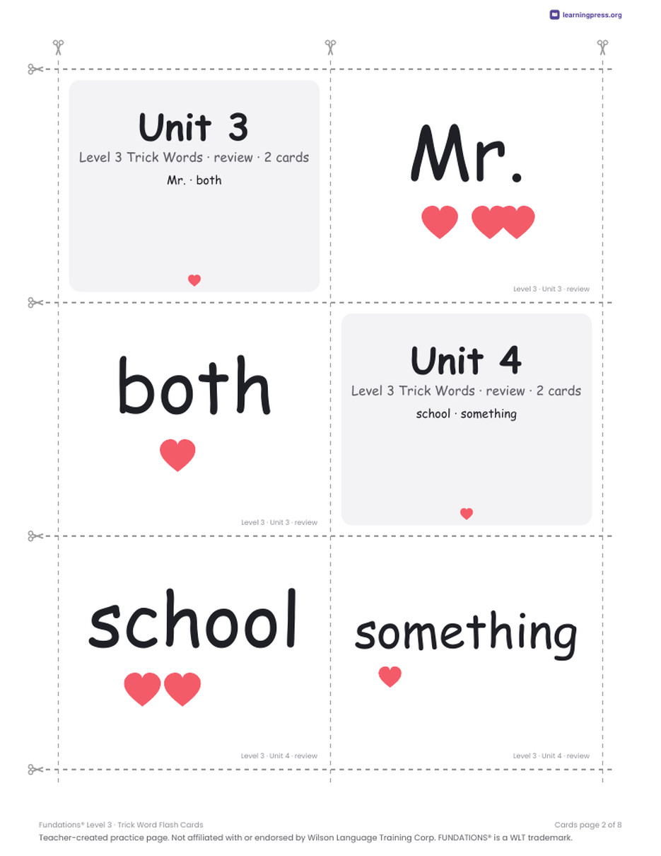Preview page 4 of Fundations Level 3 — Trick Word Flash Cards