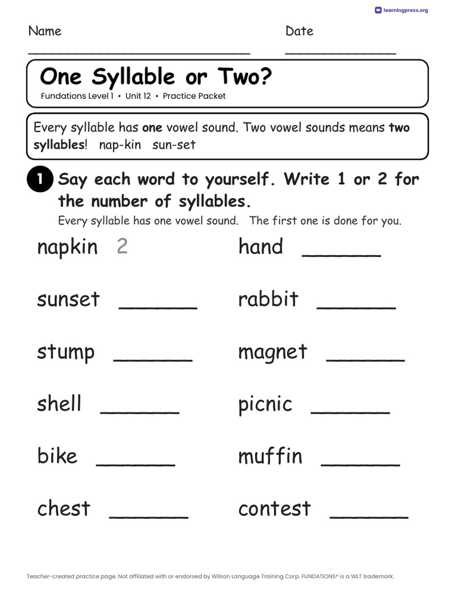Preview page 1 of Fundations Level 1 Unit 12 Practice Packet
