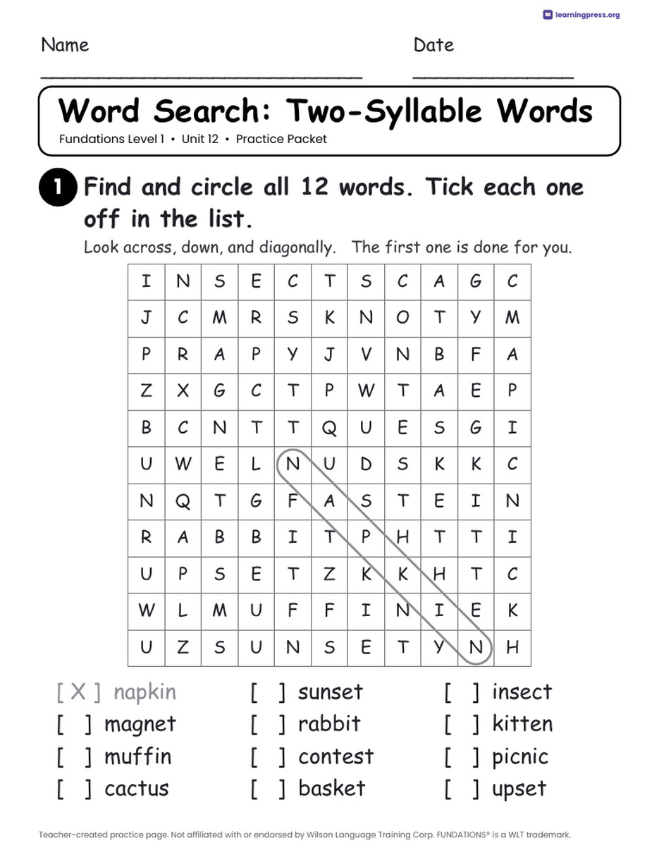 Preview page 2 of Fundations Level 1 Unit 12 Practice Packet