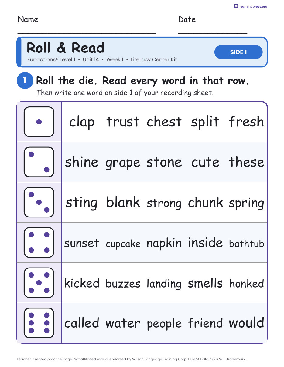 Preview page 1 of Fundations Level 1 Unit 14 Week 1 Literacy Center Kit
