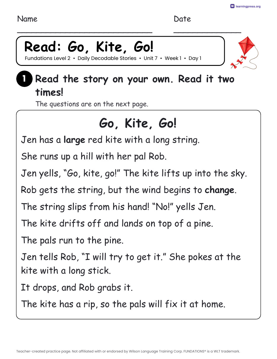 Preview page 1 of Fundations Level 2 Unit 7 Daily Decodable Stories