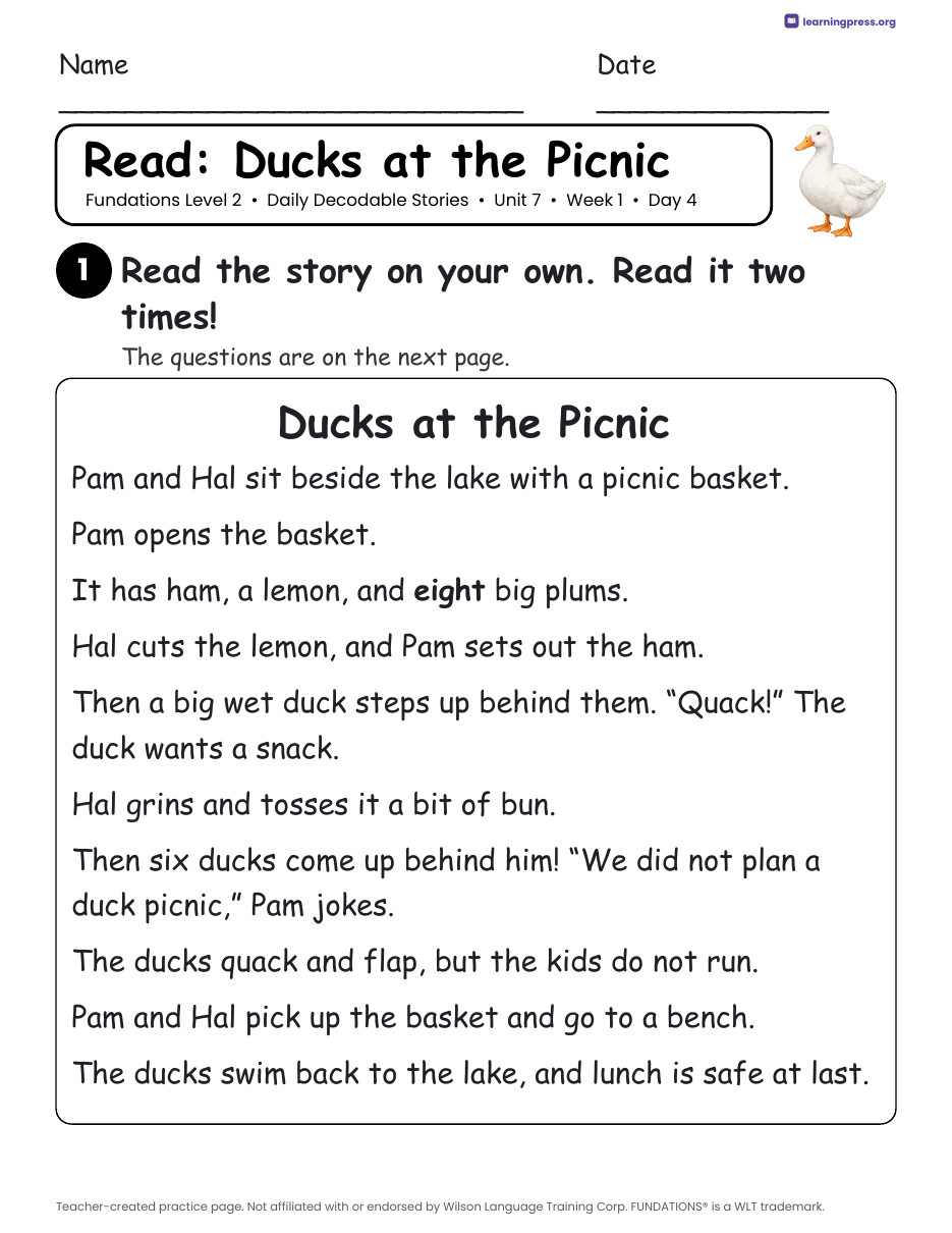 Preview page 2 of Fundations Level 2 Unit 7 Daily Decodable Stories