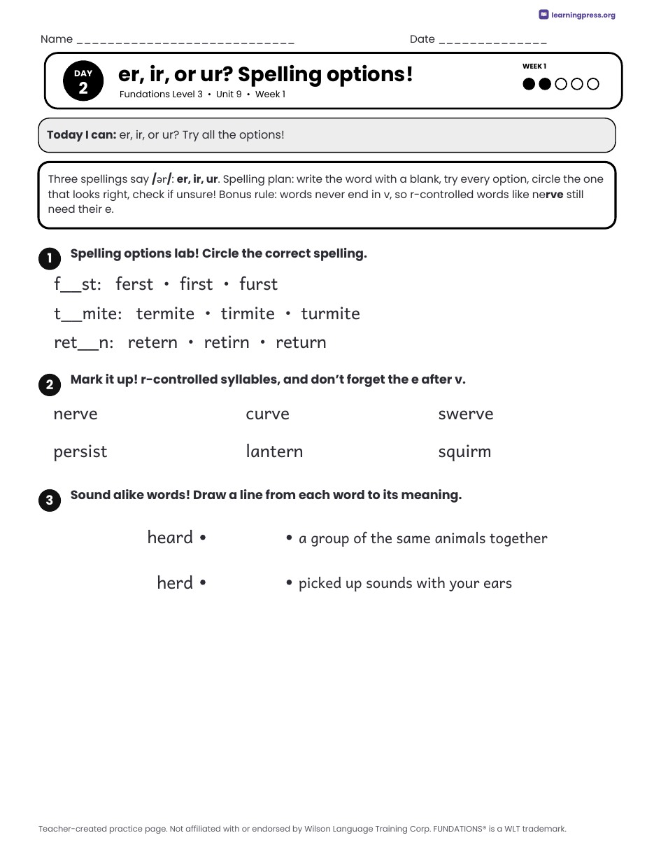 Preview page 1 of Fundations Level 3 Unit 9 Daily Lesson Work Pages