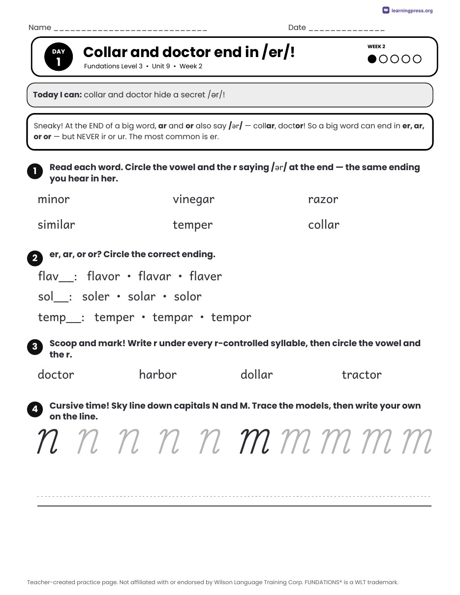 Preview page 2 of Fundations Level 3 Unit 9 Daily Lesson Work Pages