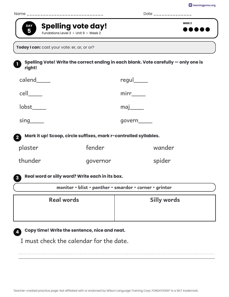 Preview page 3 of Fundations Level 3 Unit 9 Daily Lesson Work Pages