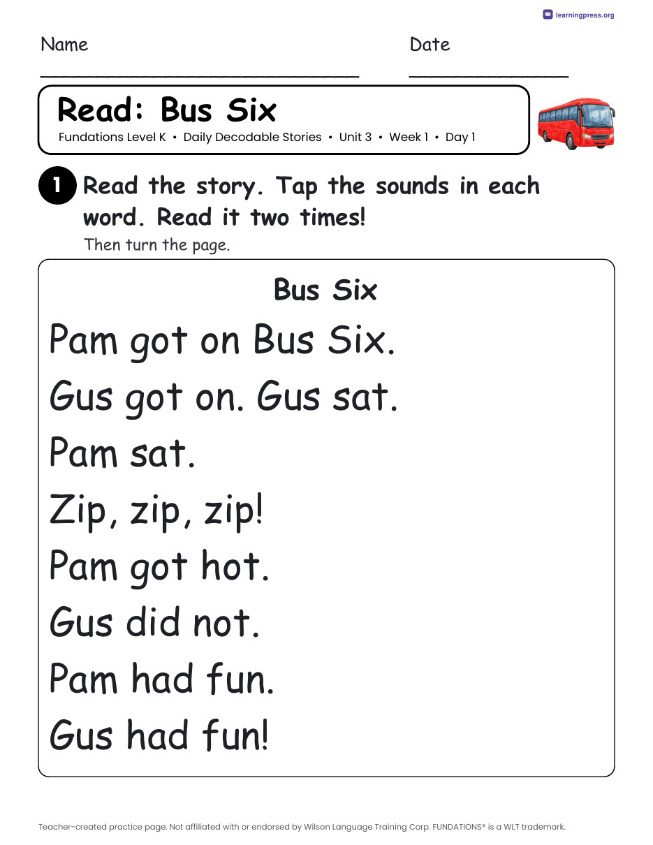 Preview page 1 of Fundations Level K Unit 3 Daily Decodable Stories