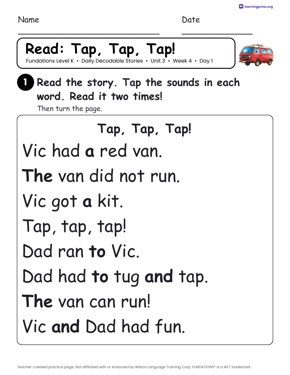 Preview page 3 of Fundations Level K Unit 3 Daily Decodable Stories