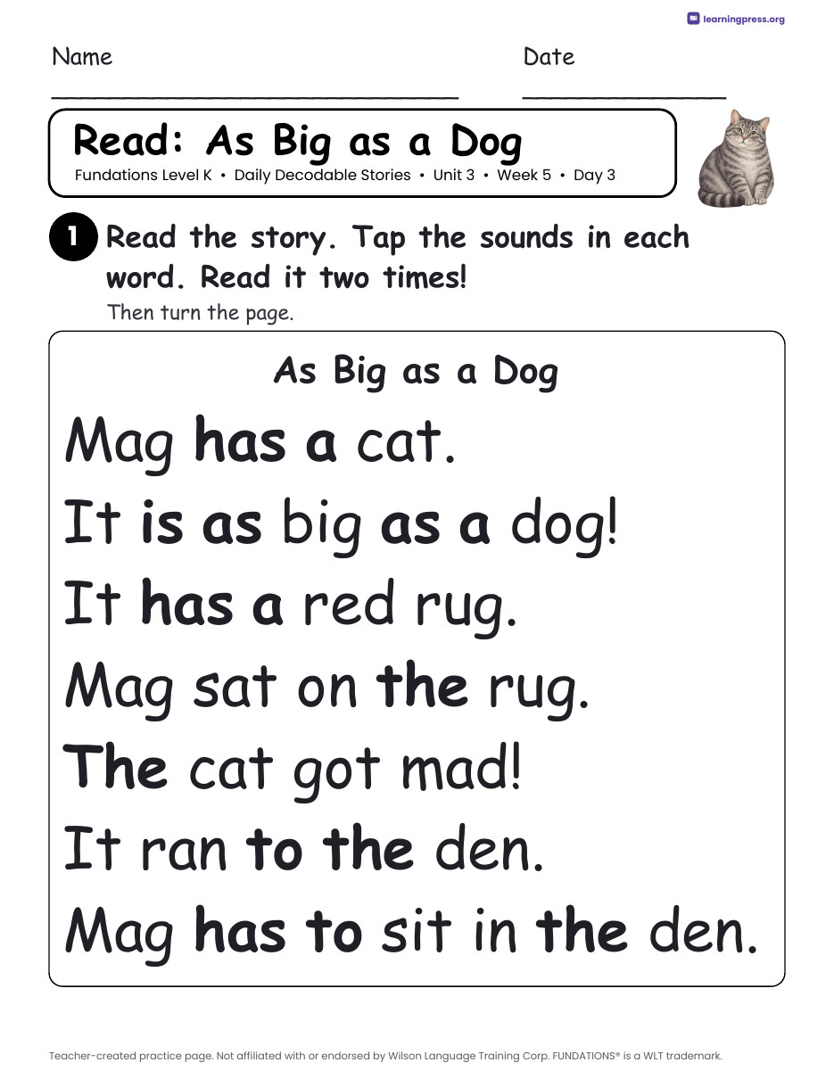 Preview page 4 of Fundations Level K Unit 3 Daily Decodable Stories