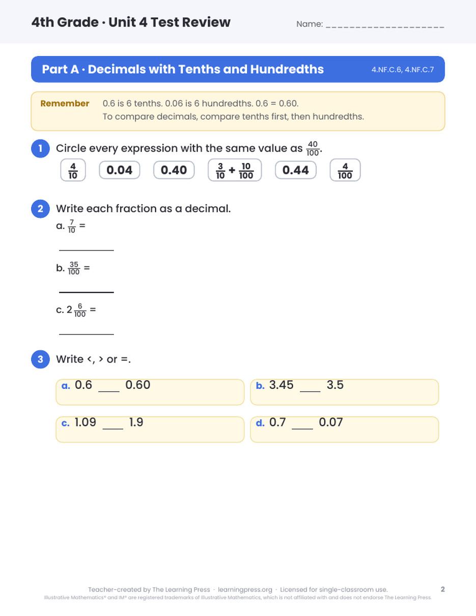 Preview page 1 of Illustrative Math (IM®) Aligned 4th Grade Unit 4 Test Review