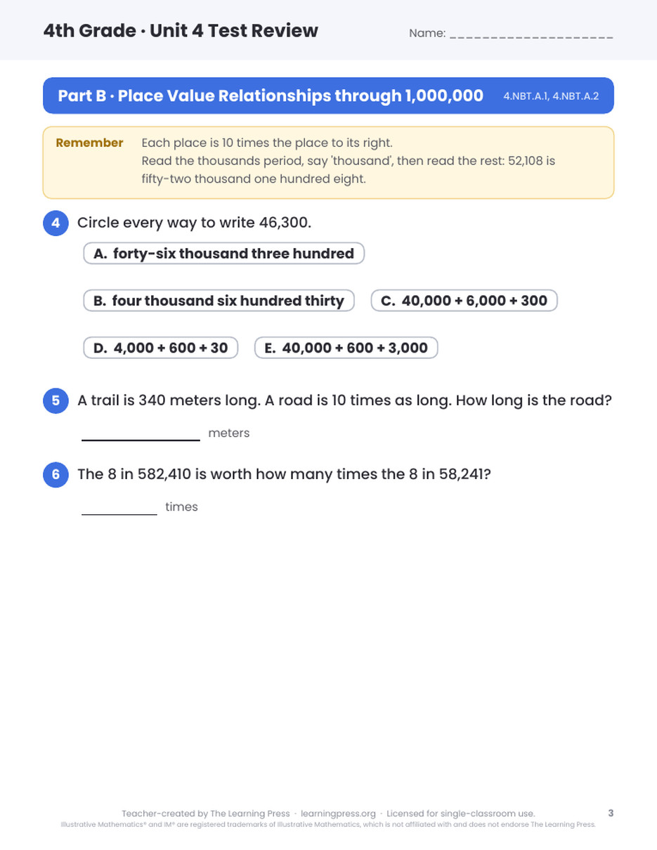 Preview page 2 of Illustrative Math (IM®) Aligned 4th Grade Unit 4 Test Review