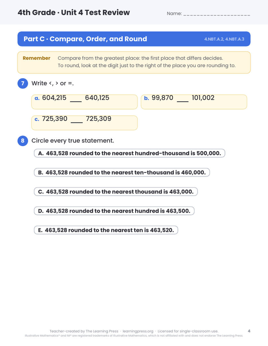 Preview page 3 of Illustrative Math (IM®) Aligned 4th Grade Unit 4 Test Review