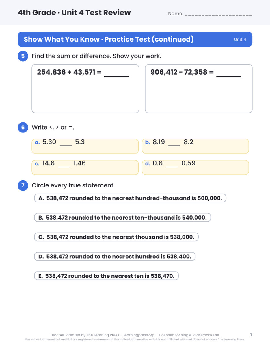 Preview page 4 of Illustrative Math (IM®) Aligned 4th Grade Unit 4 Test Review