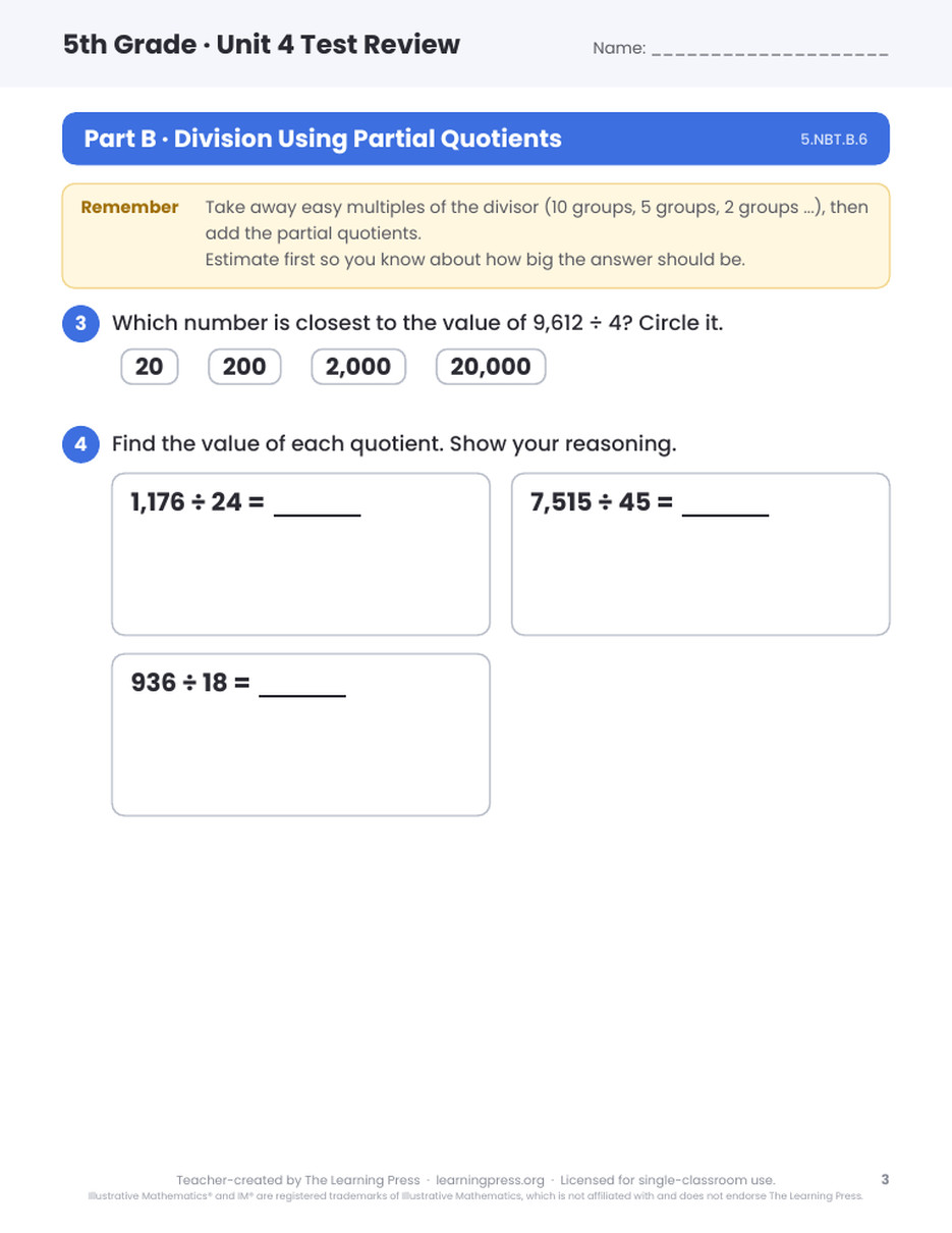 Preview page 3 of Illustrative Math (IM®) Aligned 5th Grade Test Review Bundle: All 7 Units