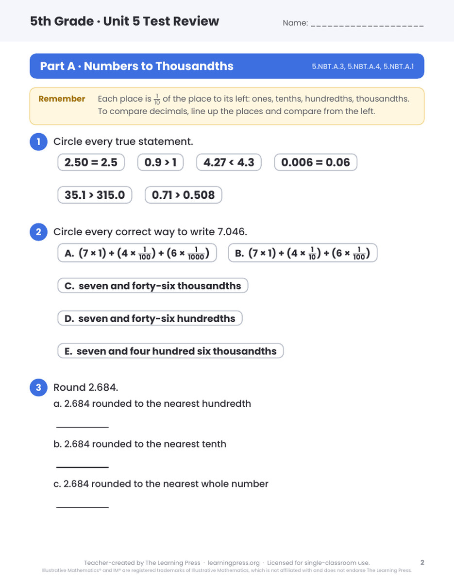 Preview page 4 of Illustrative Math (IM®) Aligned 5th Grade Test Review Bundle: All 7 Units