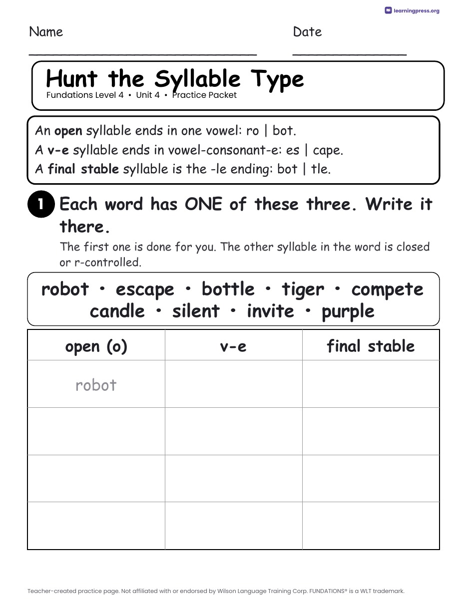 Preview page 2 of Fundations Level 4 Unit 4 Practice Packet