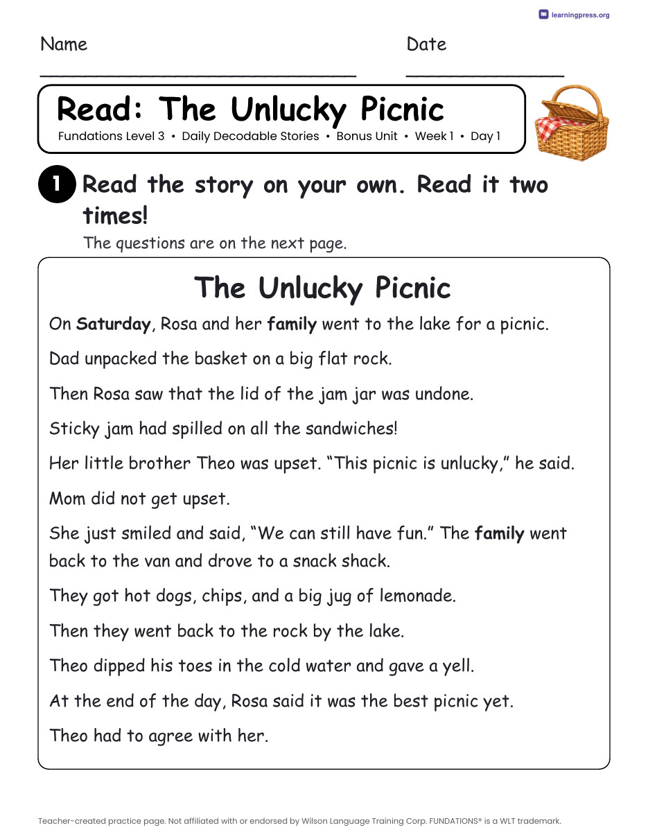 Preview page 1 of Fundations Level 3 Bonus Unit Daily Decodable Stories