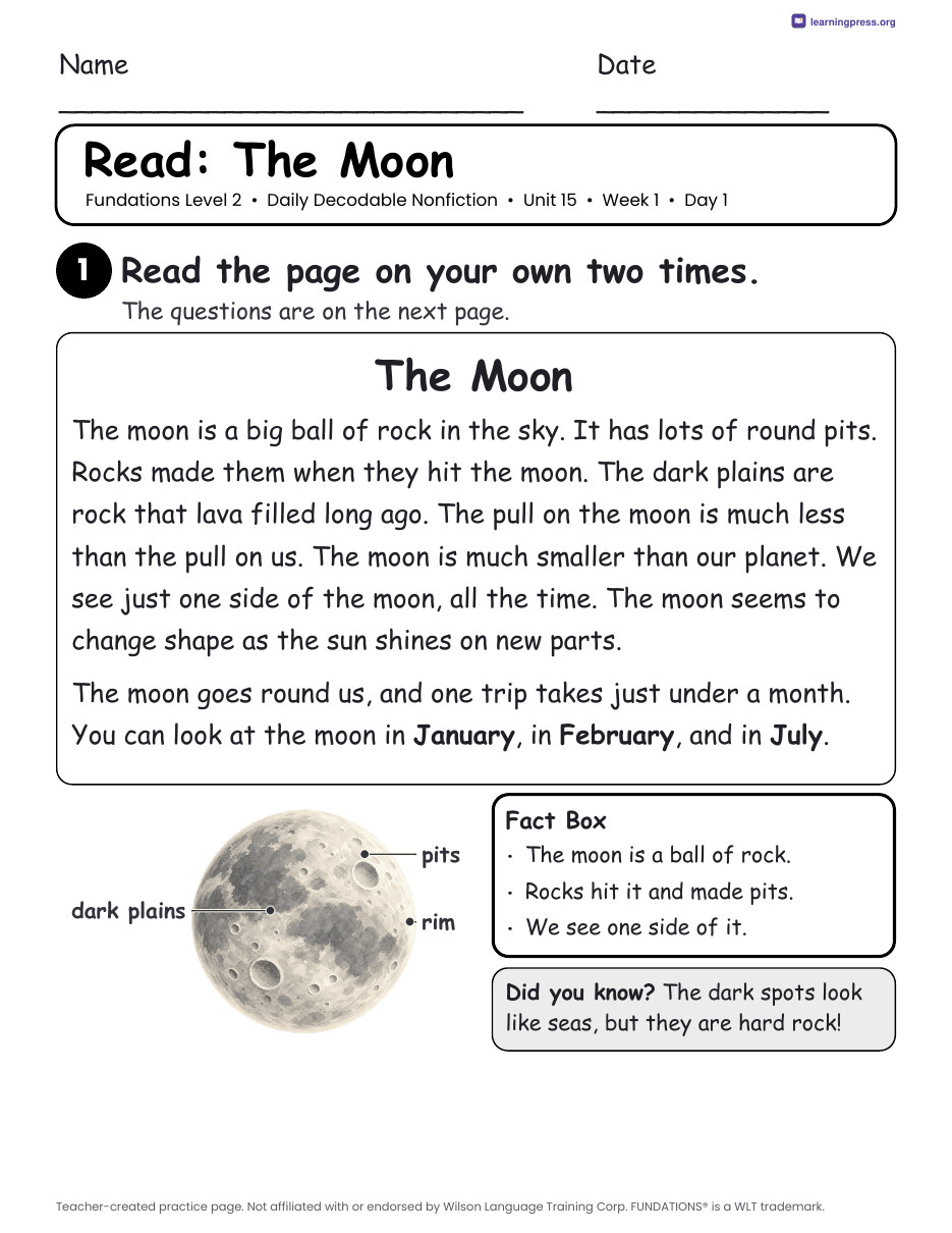 Preview page 1 of Fundations-Aligned Daily Decodable Nonfiction · Level 2 Unit 15
