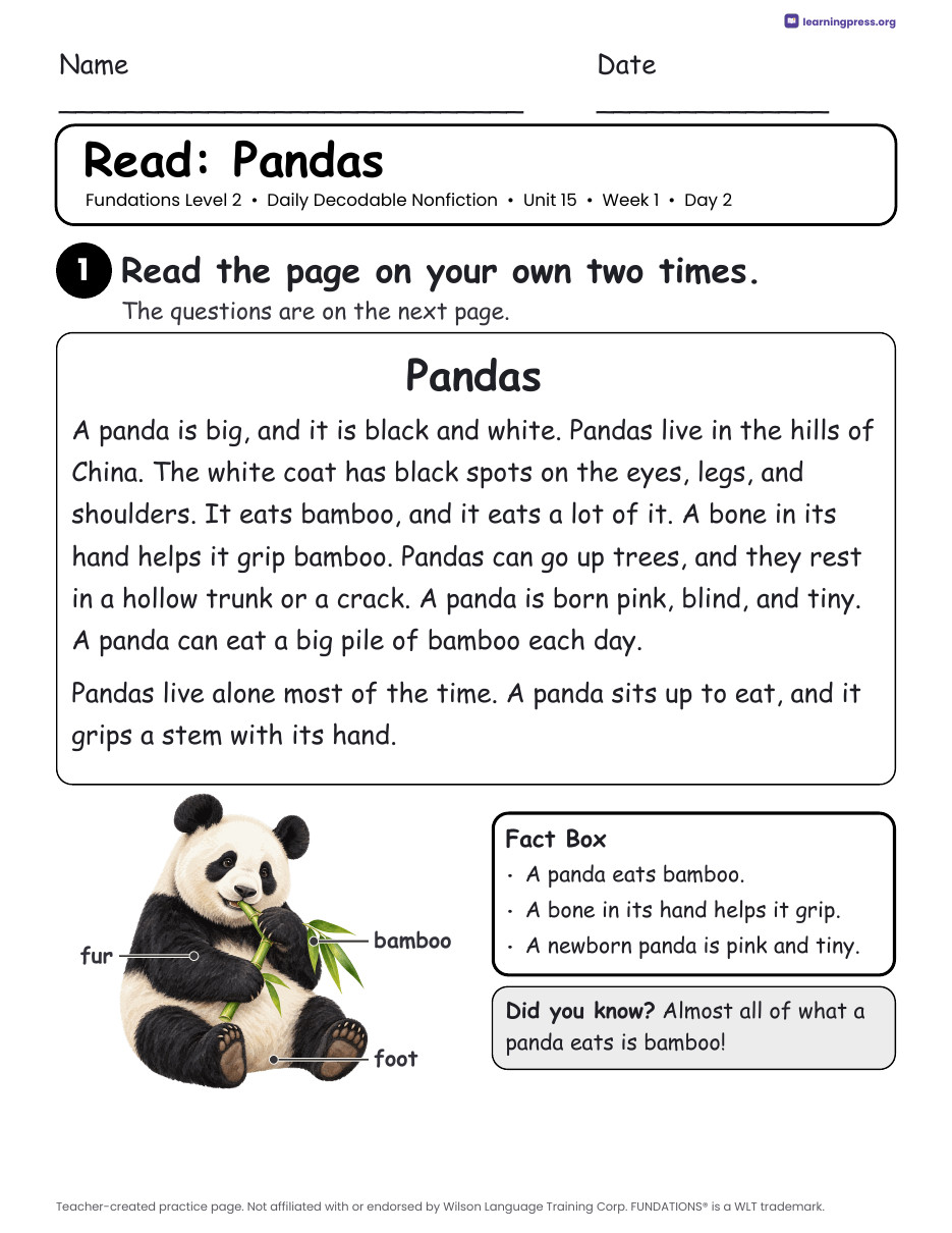Preview page 3 of Fundations-Aligned Daily Decodable Nonfiction · Level 2 Unit 15