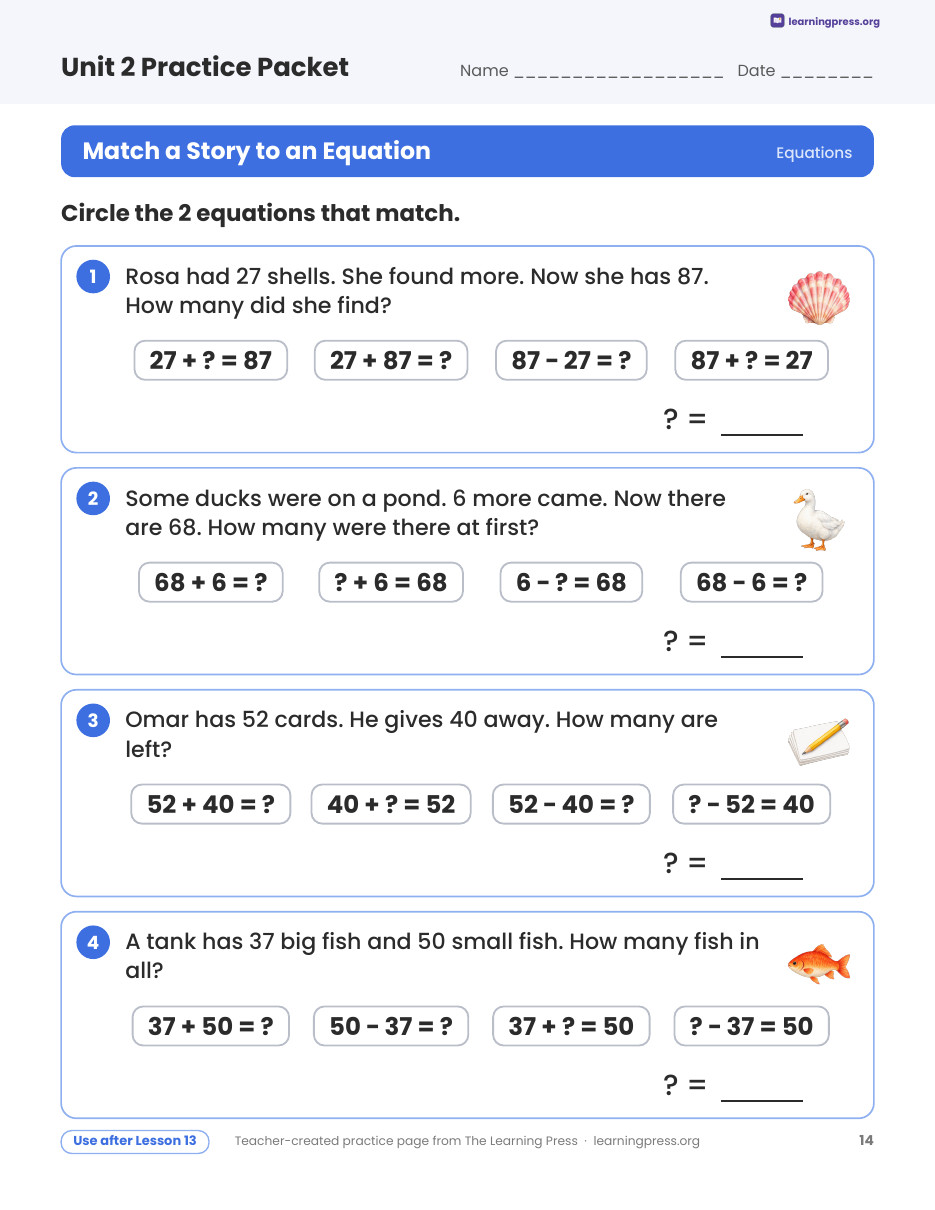Preview page 3 of Illustrative Math (IM®) Aligned 2nd Grade Unit 2 Practice Packet (Color & B&W)