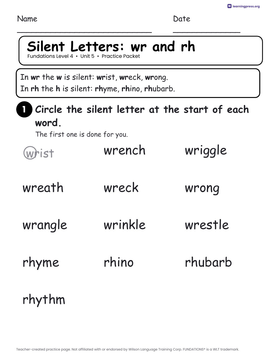 Preview page 1 of Fundations Level 4 Unit 5 Practice Packet