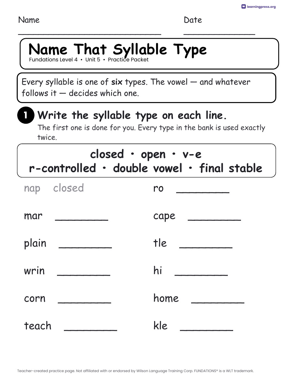 Preview page 2 of Fundations Level 4 Unit 5 Practice Packet