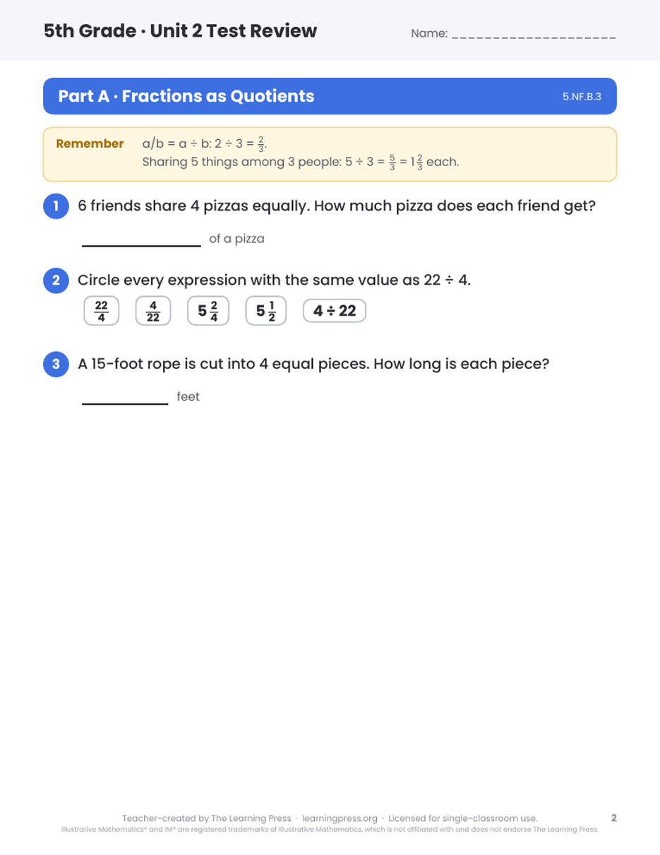 Preview page 1 of Illustrative Math (IM®) Aligned 5th Grade Unit 2 Test Review